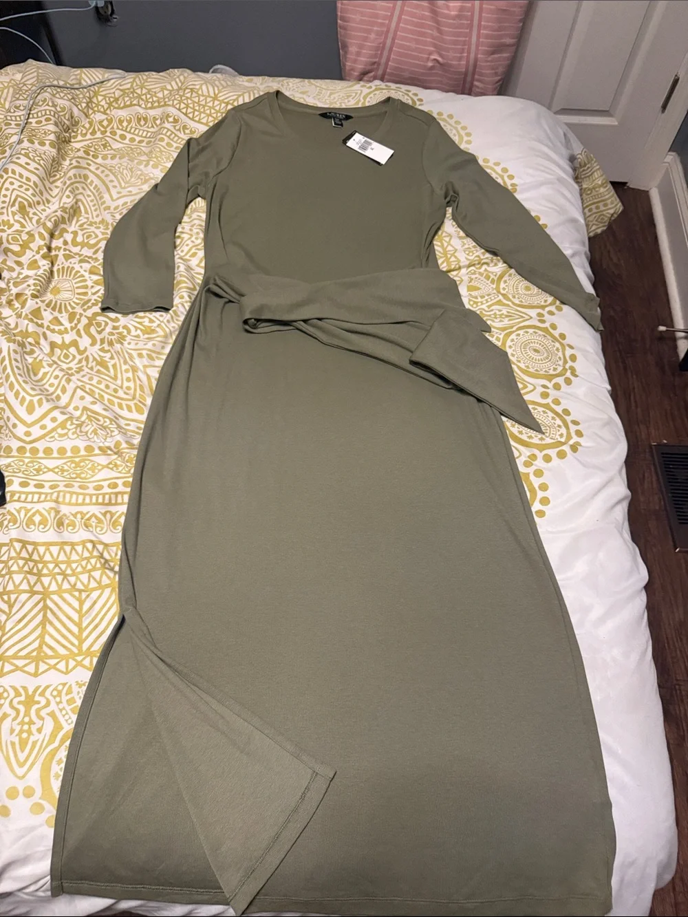 NWT XL 2025 pre spring collection Lauren Ralph Lauren Olive Tie-Waist Midi Dress - Picture 4 of 5